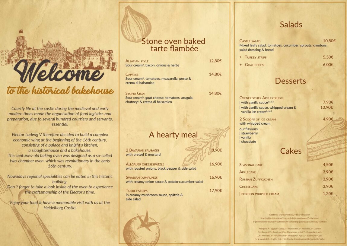 Speisekarte Menükarte Bistro Backhaus Schloss Heidelberg EN