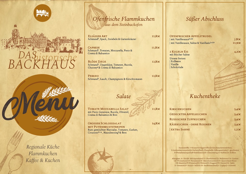 Speisekarte Lammkuchen Schloss Heidelberg essen gehen historisches Backhaus