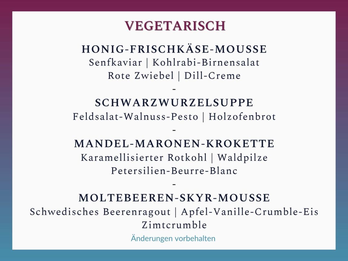 Vegetarisches Menü bei Abba at the Castle die Dinnershow auf dem Heidelberger Schloss im Königssaal von Martin Scharff