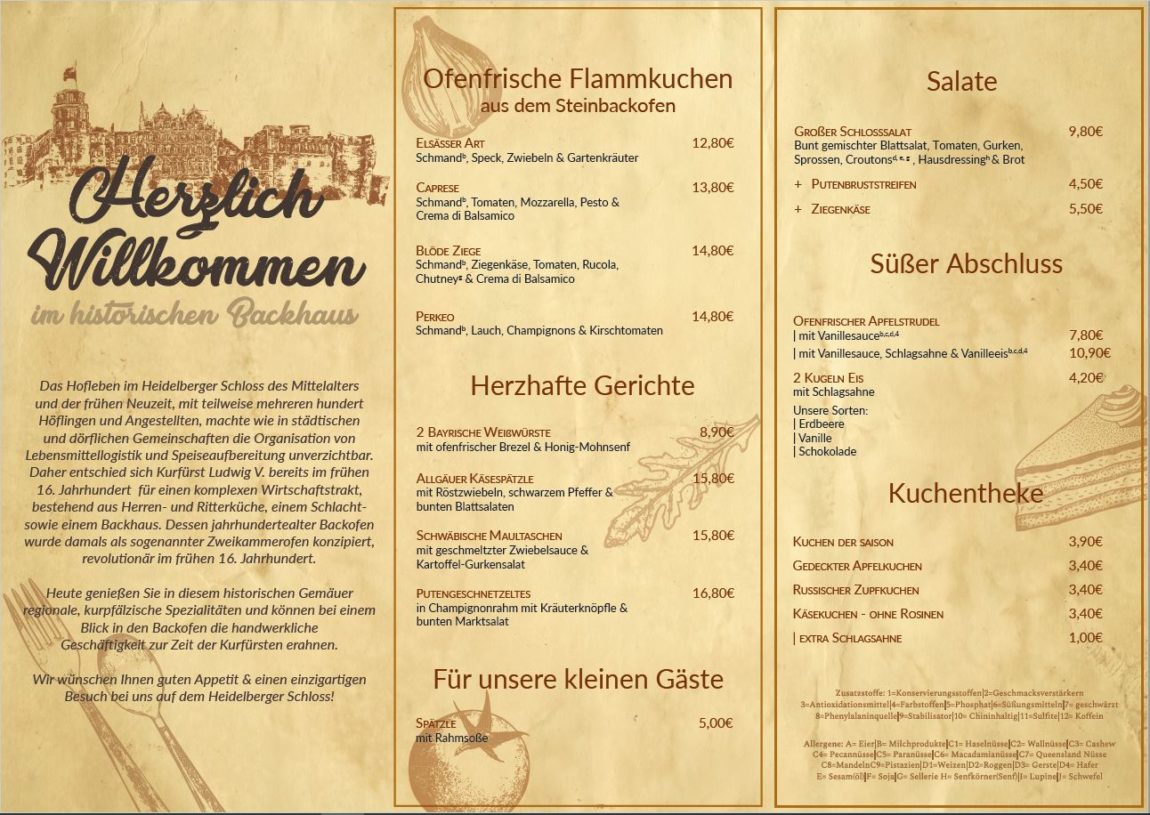 Speisekarte Historisches Backhaus fürs Essen gehen Schloss Heidelberg